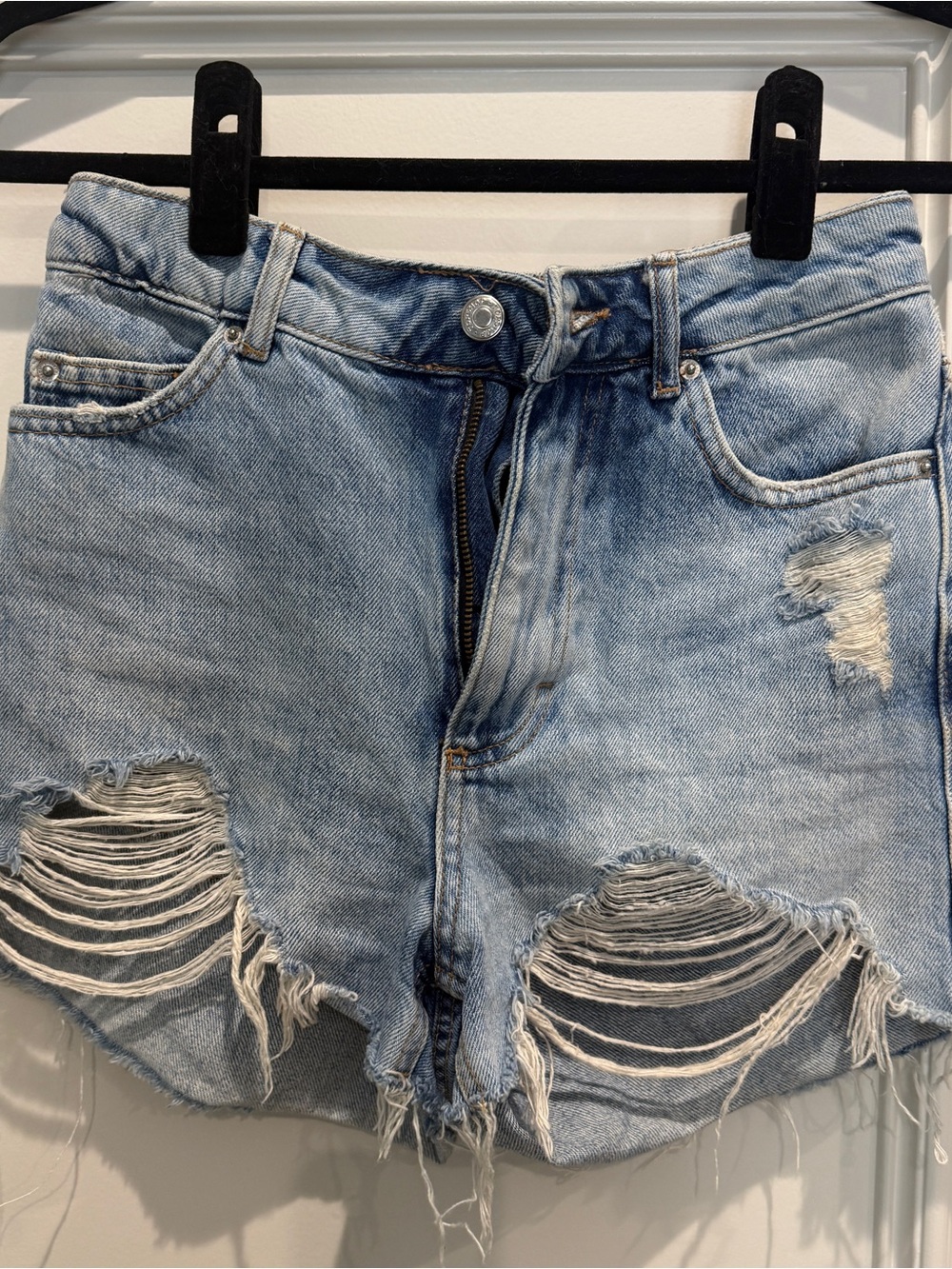 Topshop Light Blue Distressed High Waist Denim Shorts